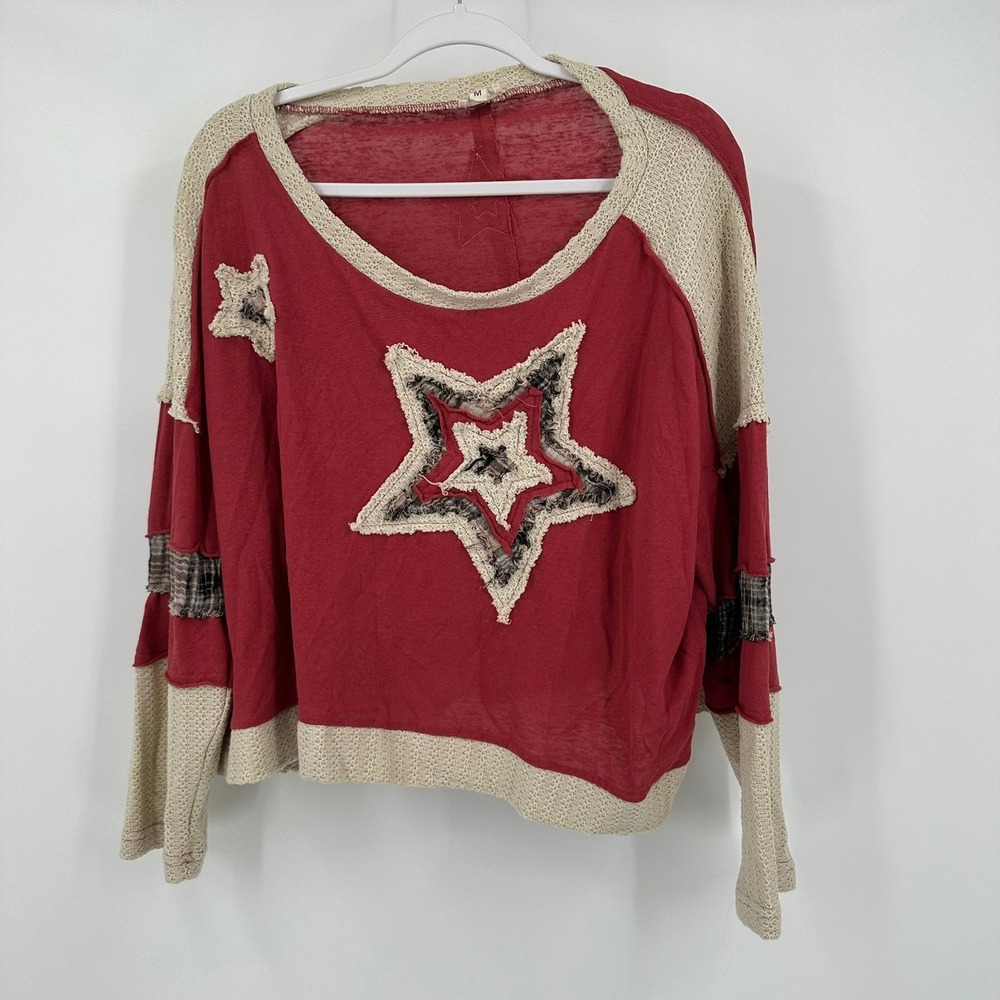 POL Womens Boho Star Patchwork Top Size M Oversized Mixed Media Eclectic Indie
